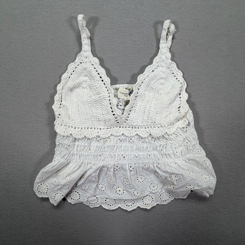 American Flirt Women Camisole Regular White Crochet Eyelet Boho Peplum M